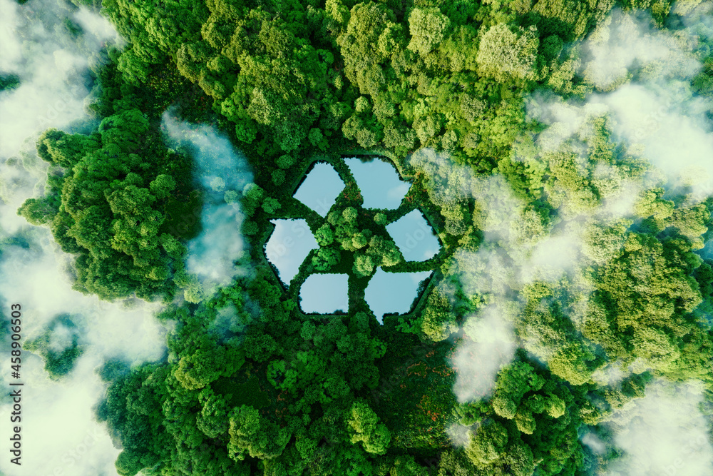 A lake in the shape of a recycling sign in the middle of untouched nature. An ecological metaphor for ecological waste management and a sustainable and economical lifestyle. 3d rendering.